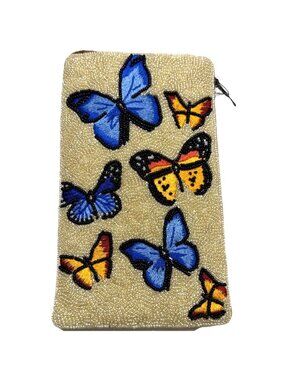Bamboo Trading Company Club Beaded Bag Butterflies Hidden Pocket 2 Straps Zip